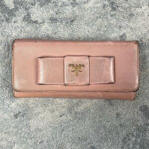 Prada Pink Saffiano Leather Bow Continental Long Wallet Detachable ID Holder